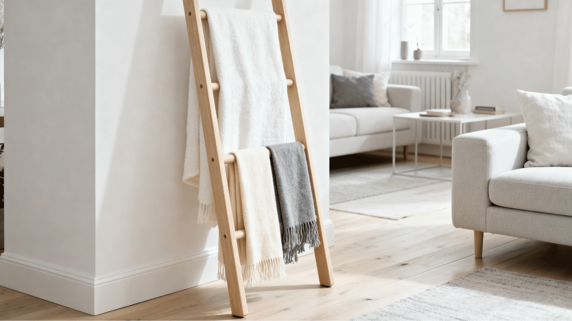 minimalist scandinavian blanket ladder with light wood and neutral throws in a bright room