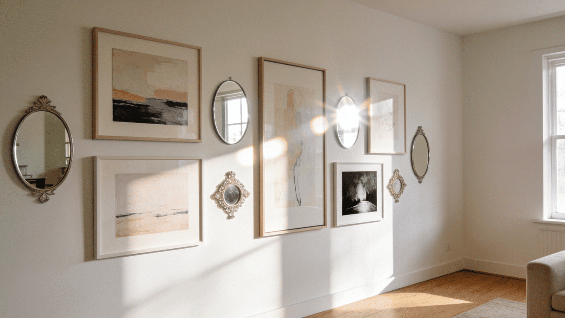 mirror mix minimalist gallery wall with abstract art and decorative mirrors illuminated by warm natural sunlight