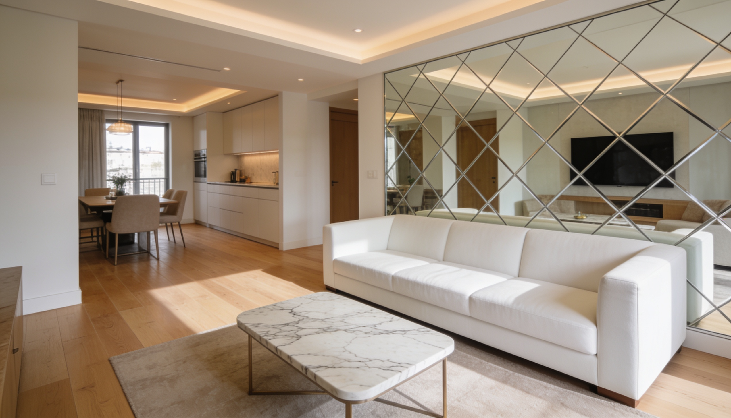A bright modern living room with a geometric diamond mirror panel accent wall