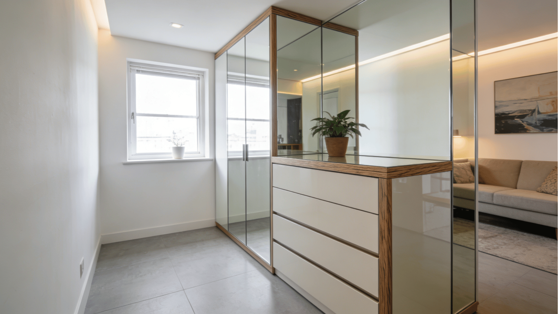 mirrored wardrobe with drawers in a minimalist room with a window and potted plant