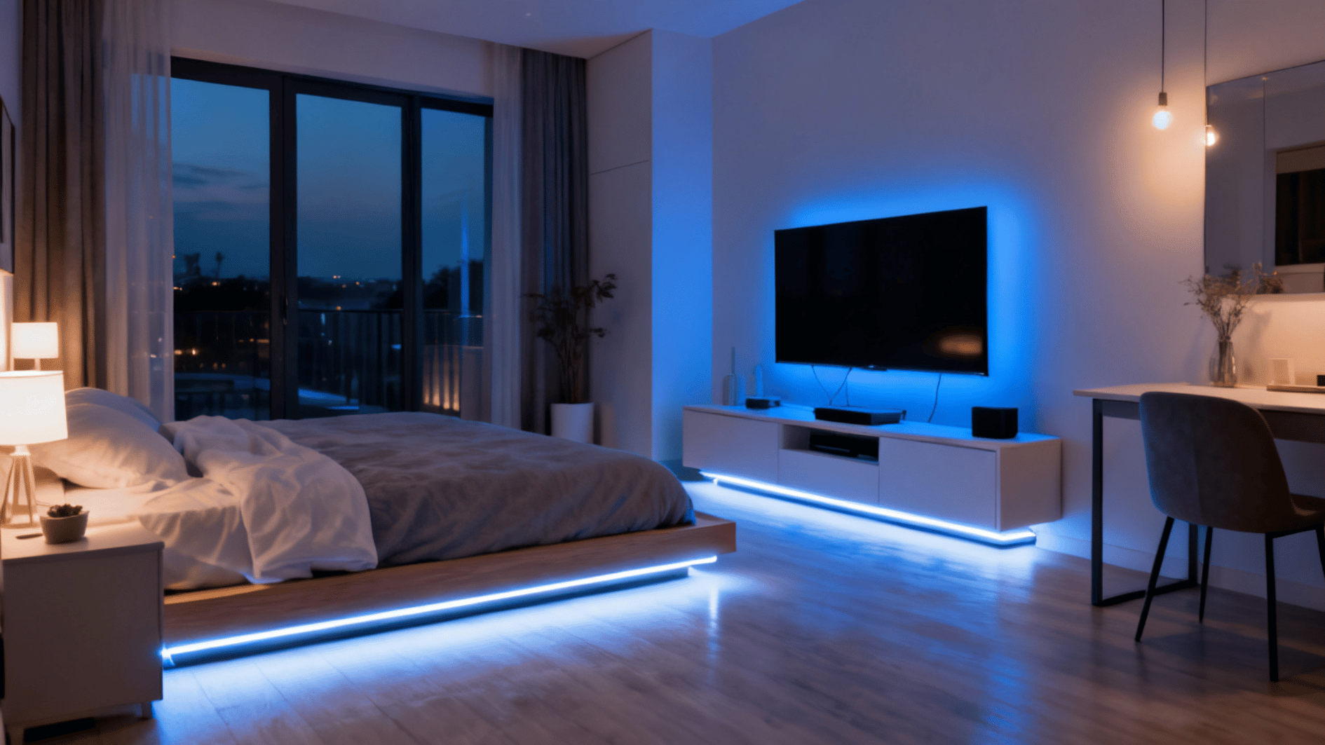 modern bedroom with blue led accent lighting around bed and media console at night