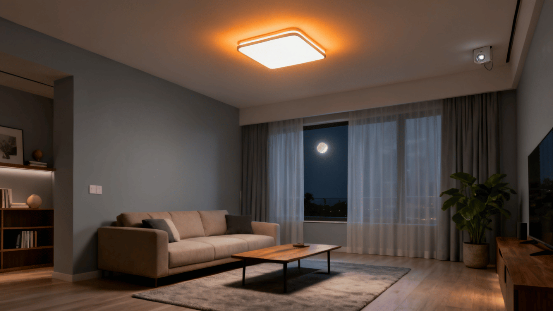 modern living room at night with warm ceiling light, neutral sofa, wooden coffee table and moonlit window view