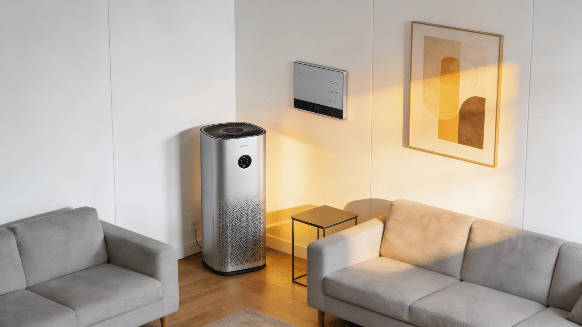modern living room with smart air purifier and wall mounted control panel managing indoor air quality