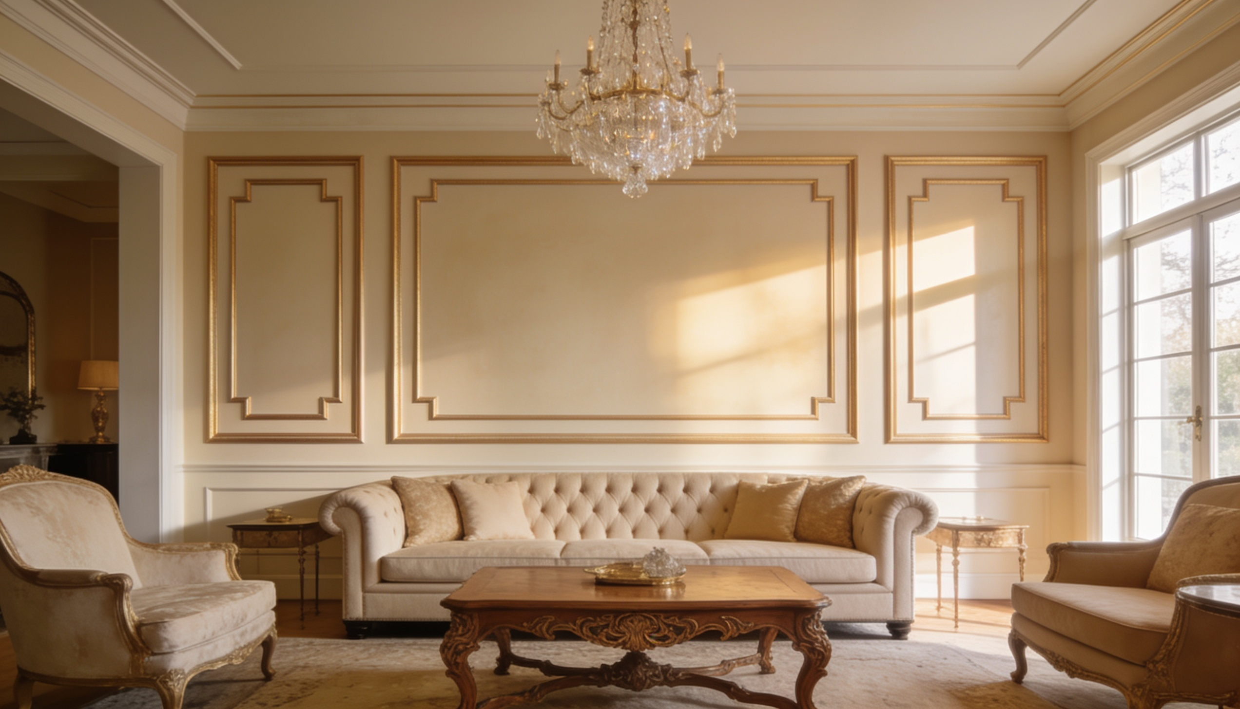 Decorative molding accent wall with painted trim panels in a clean living room