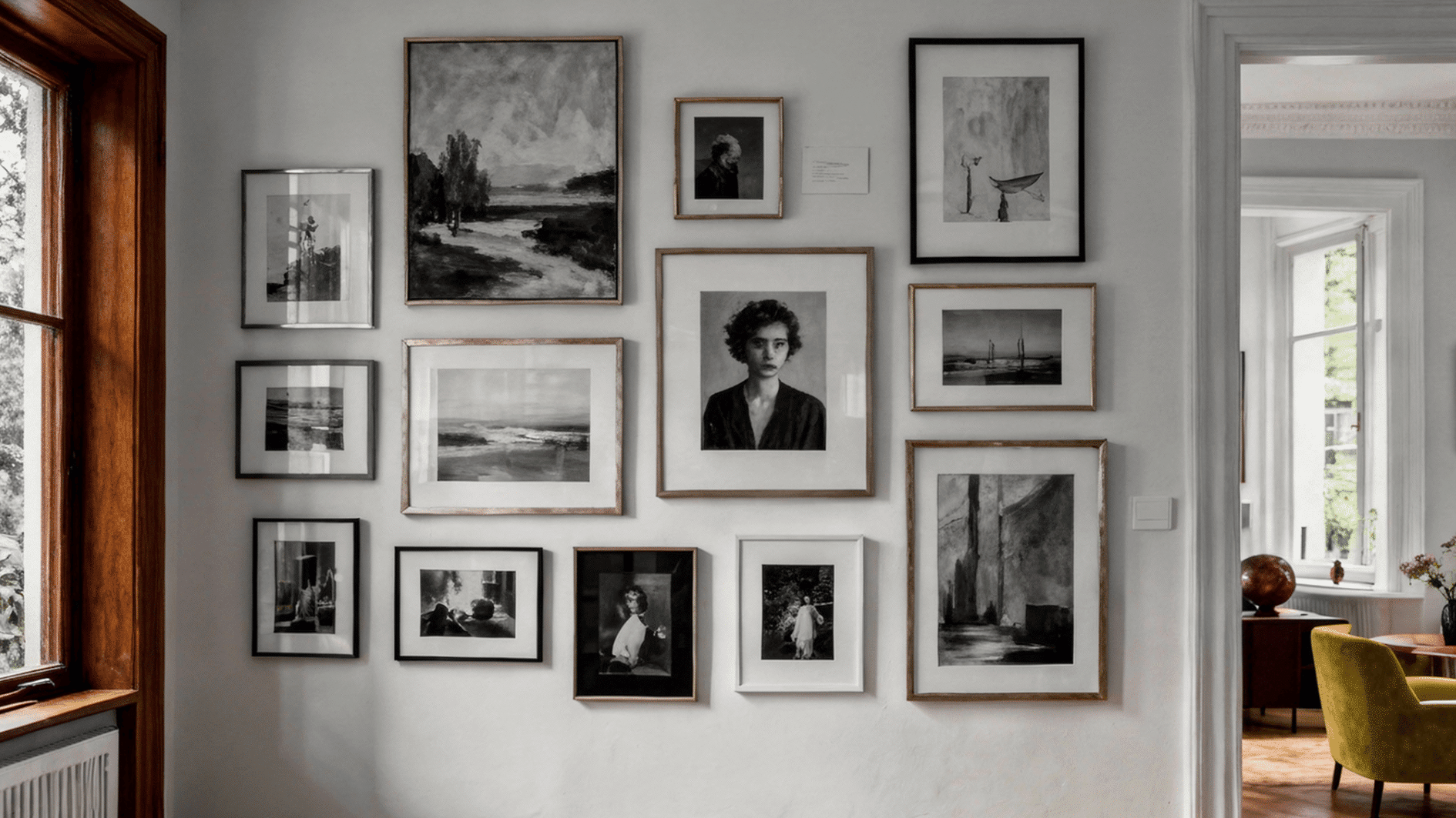 monochrome gallery wall featuring black and white portraits landscapes and art prints in mixed frames
