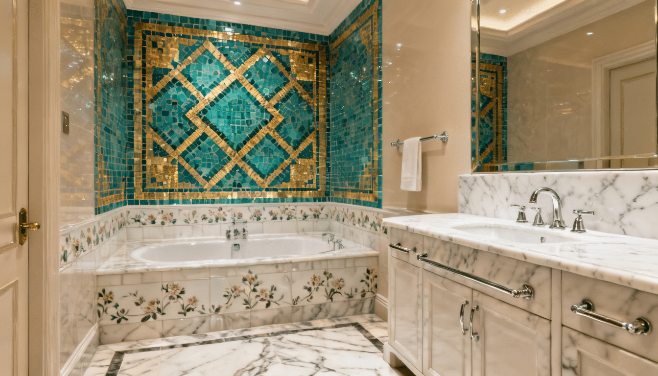 Mosaic tile accent wall with colorful tiles arranged in a handmade kitchen design