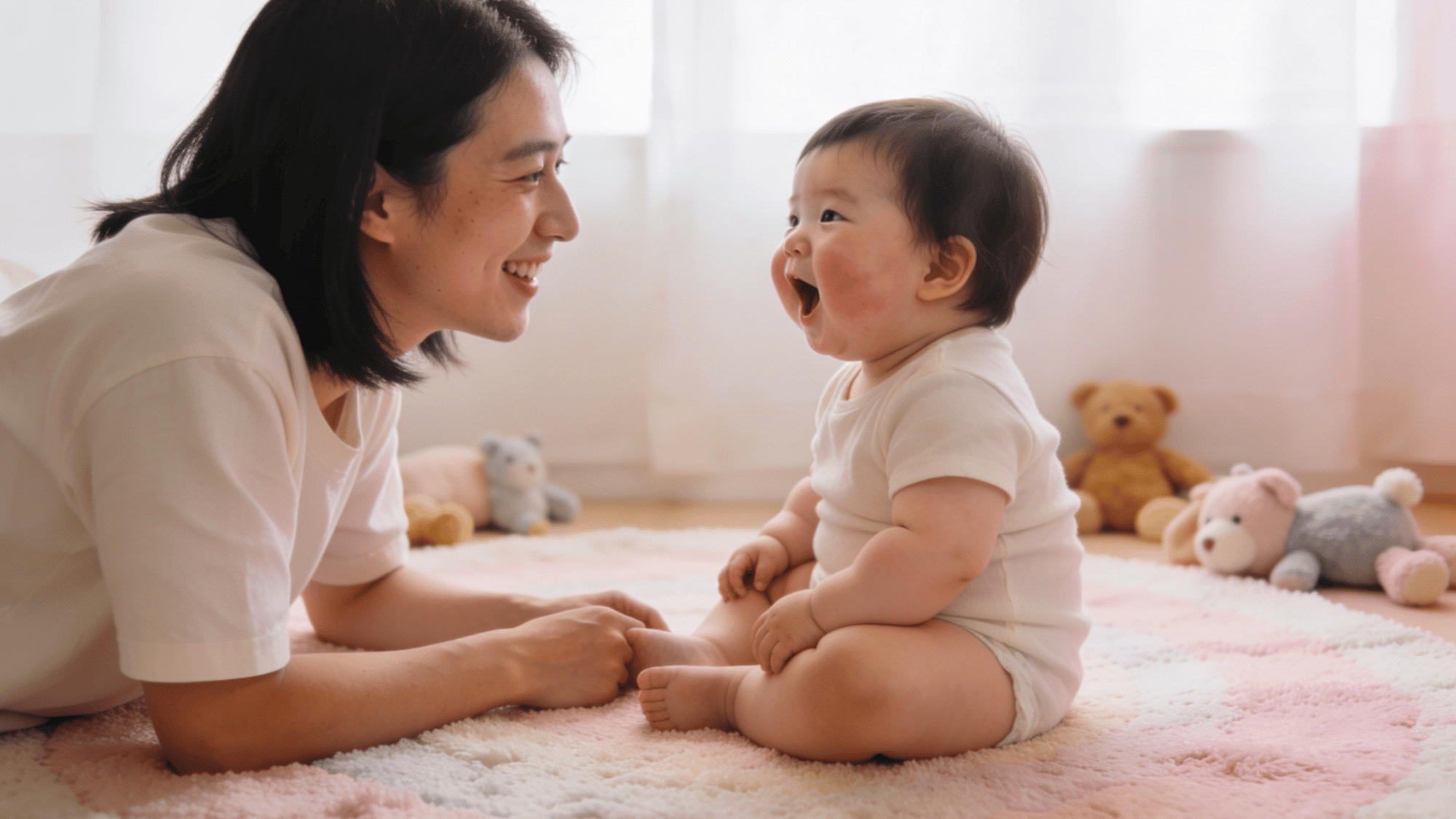 mother smiling and interacting with happy baby during early speech development