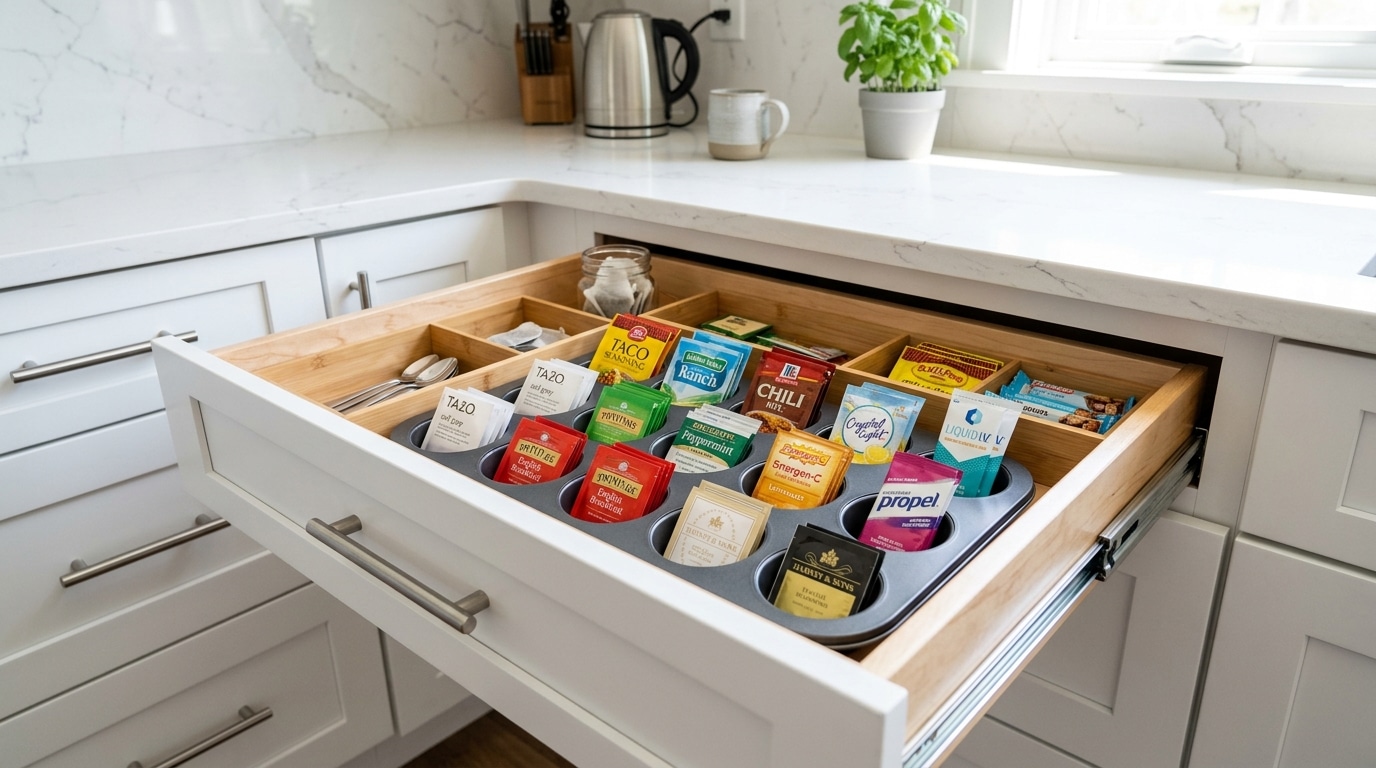 Muffin tin organizing tea bags, seasoning packets, and drink mixes.