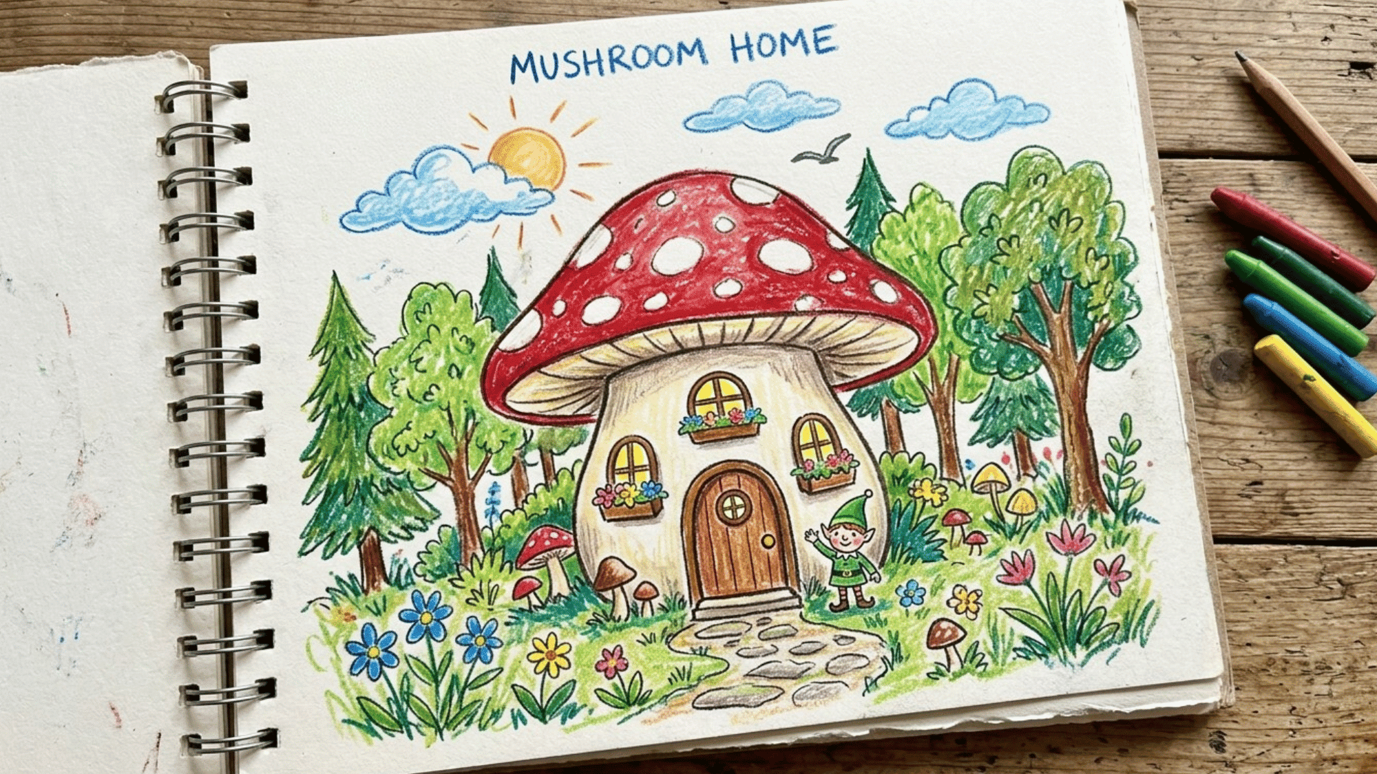 cute mushroom house drawing with tiny windows, curved door, flowers, and lanterns