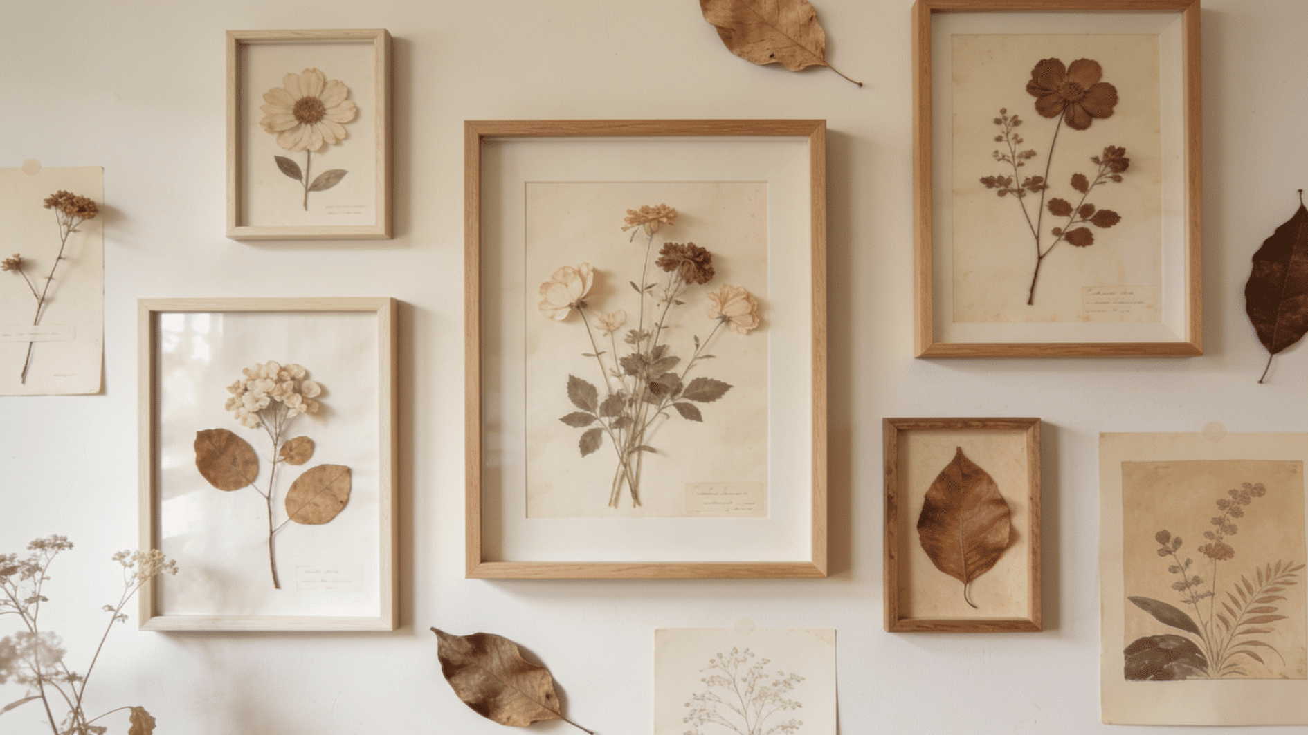 nature gallery wall of pressed flowers and dried leaves in natural wood frames creating a soft botanical display