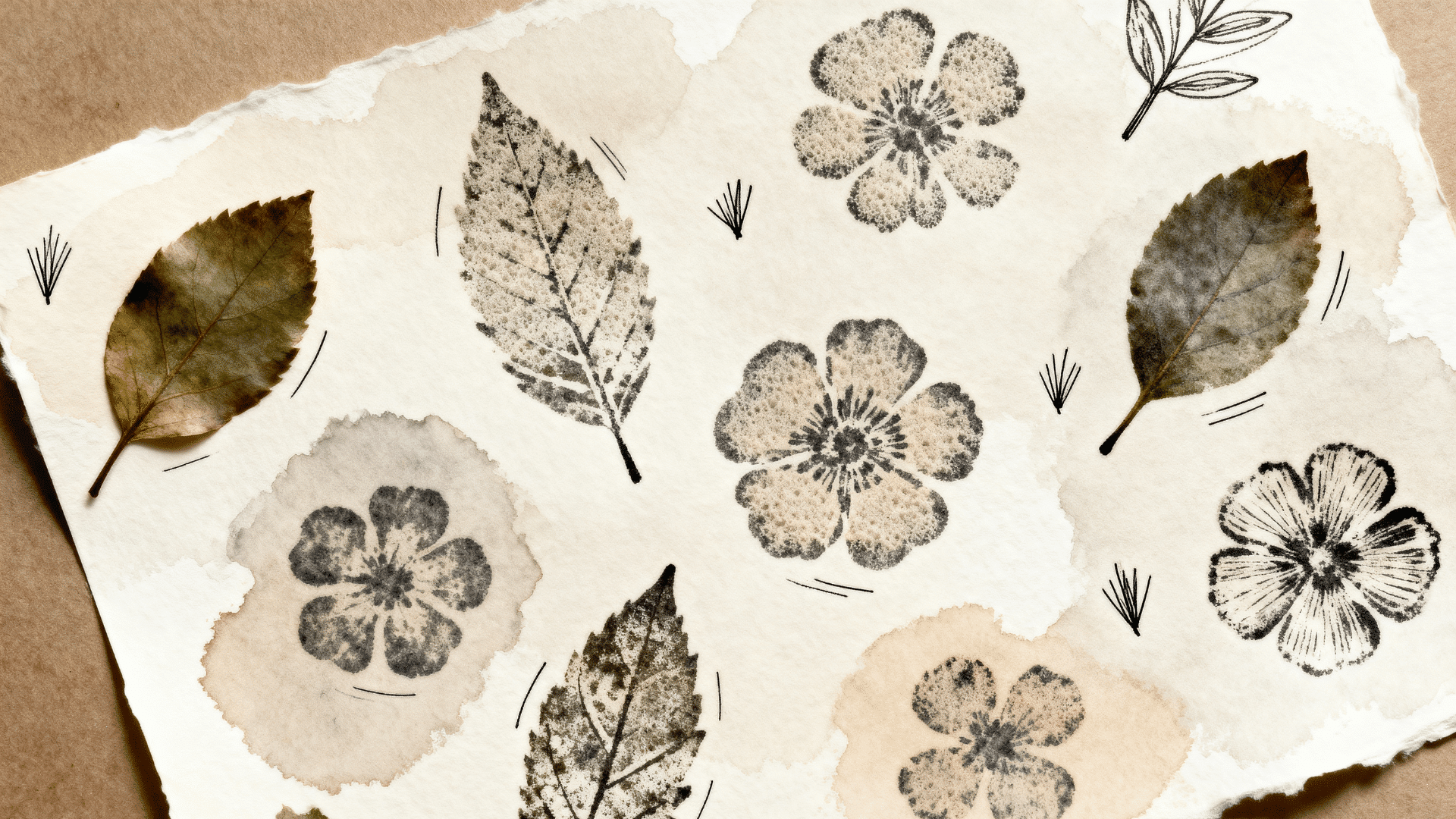 nature print art with leaf shapes soft paint and small pen details on paper