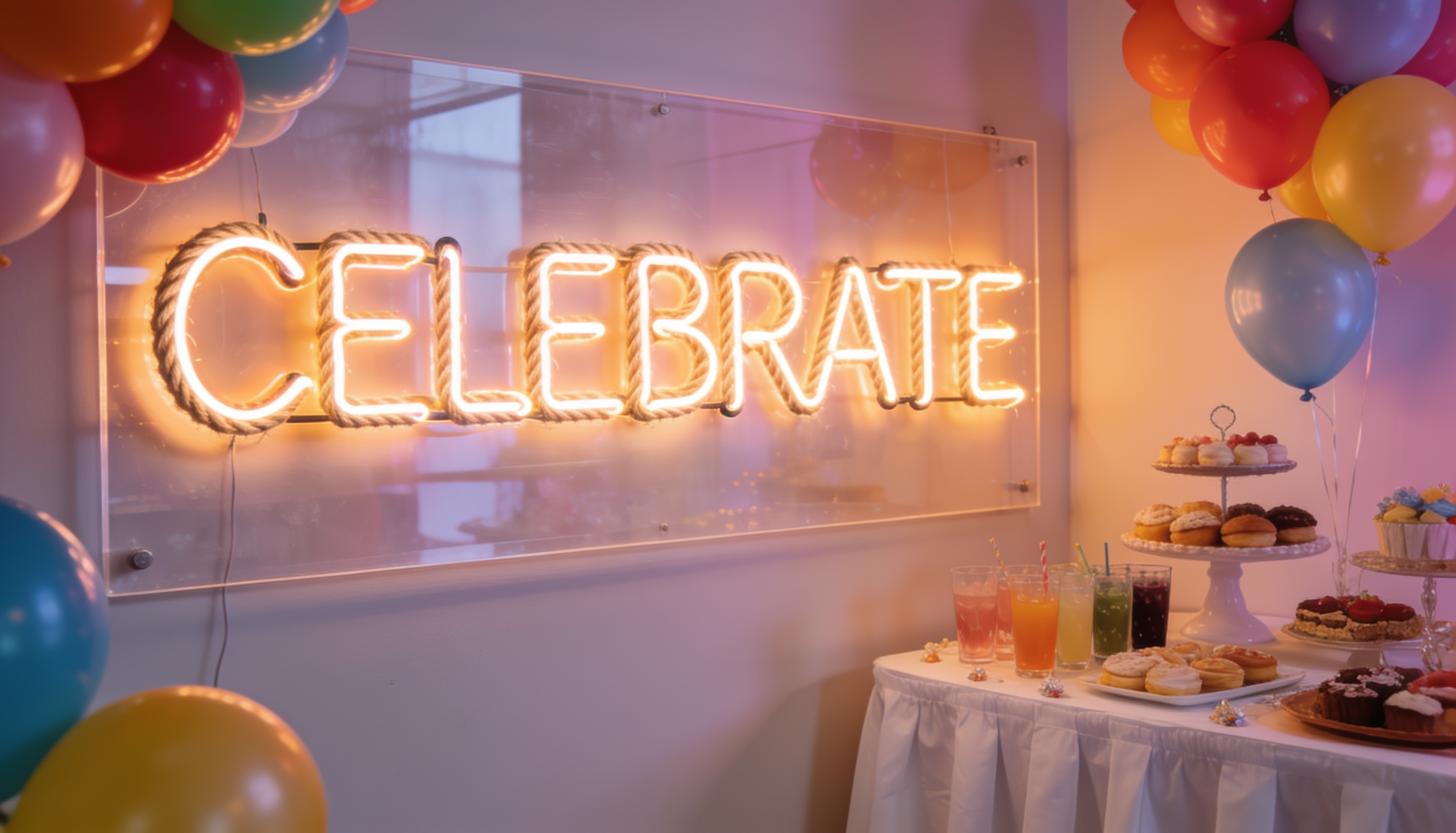 DIY neon-style sign glowing beside a modern birthday dessert table.