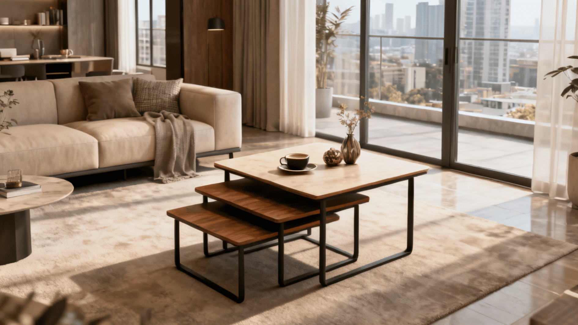 nesting coffee tables in a sunlit living room with floor to ceiling windows