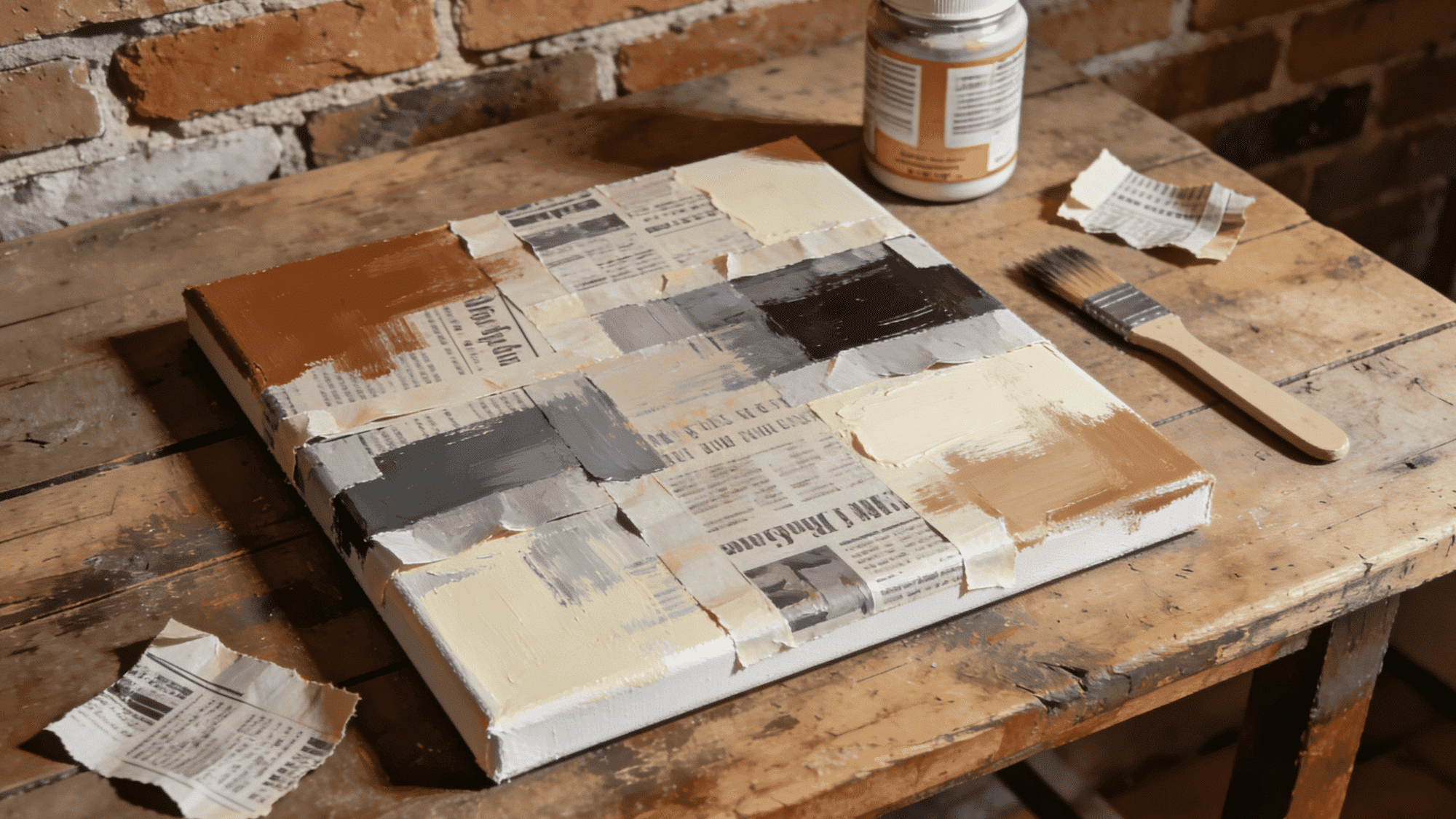 newspaper collage textured painting canvas with sienna grey cream acrylic washes
