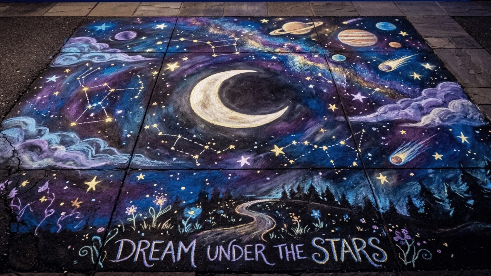 dreamy night sky chalk art scene with a crescent moon, glowing stars