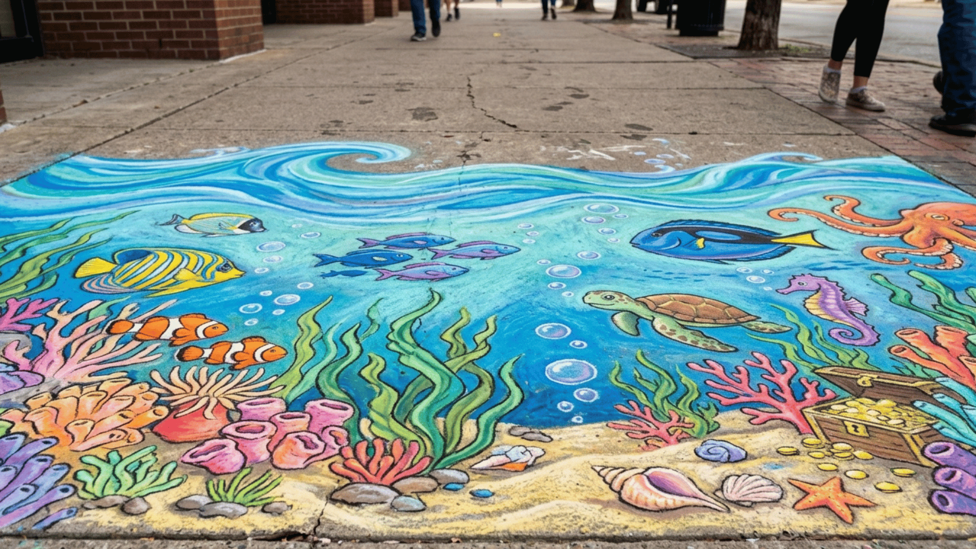creative sidewalk chalk art ocean scene with blue water
