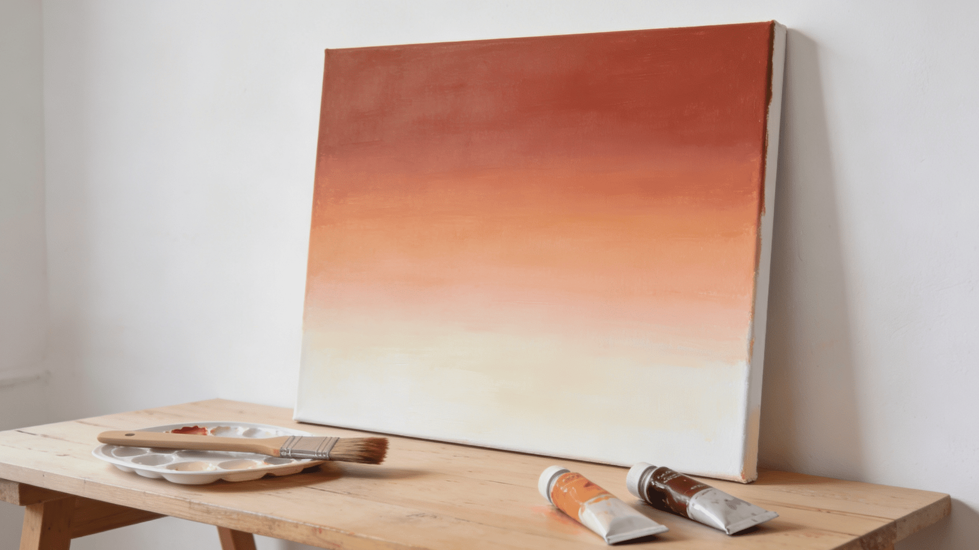 ombre gradient diy canvas art blending terracotta to peach to cream white on wooden table