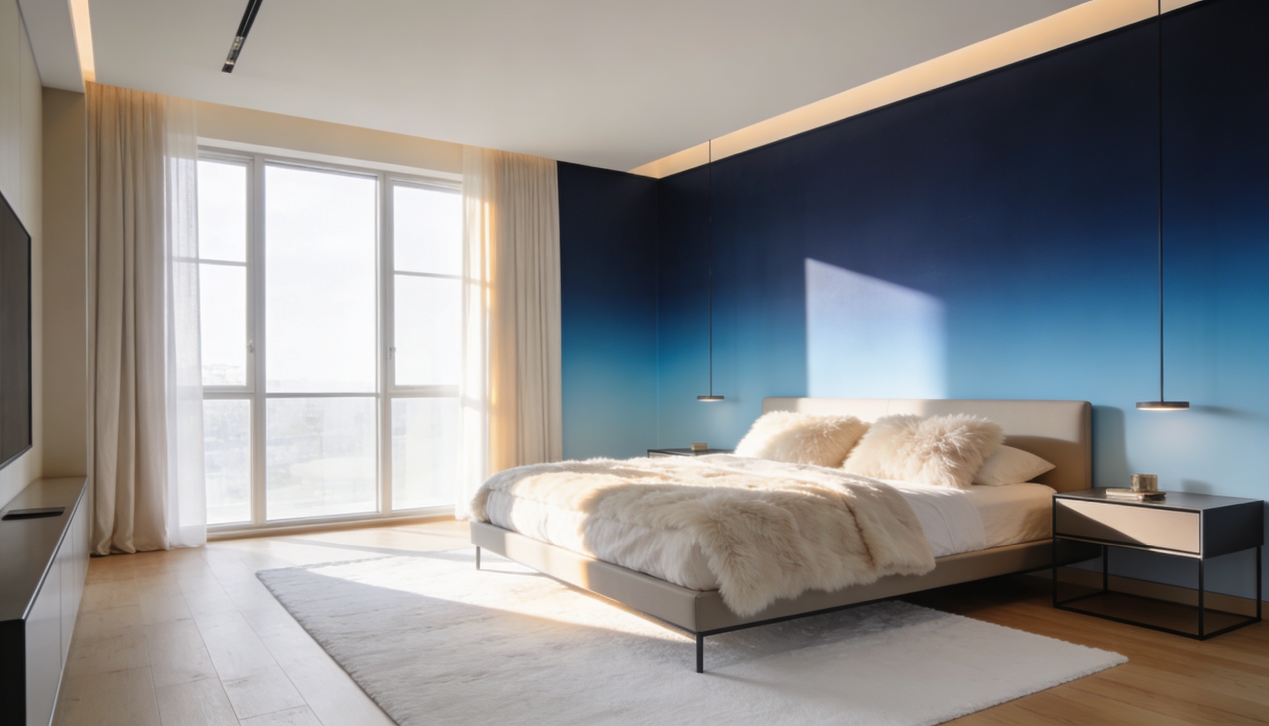 Ombre gradient accent wall fading softly from dark to light paint in a calm bedroom