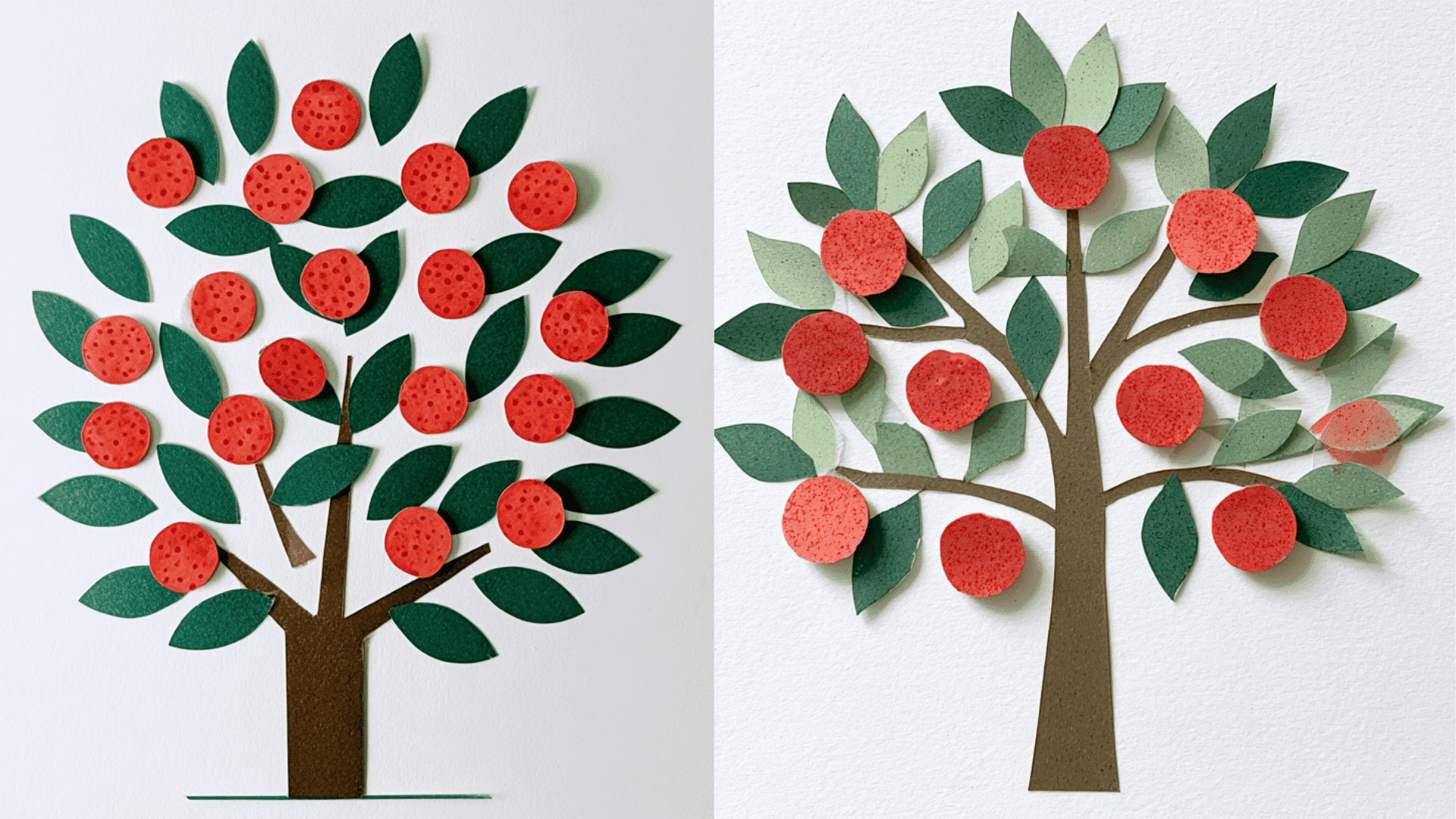 on white table apple tree craft using paper green leaves and brwon stem with red paint as apple in dots a image of a apple tree couting craft