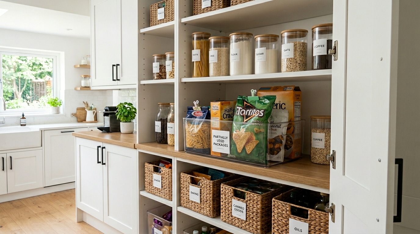 Pantry bin storing open food packages to reduce clutter and waste.
