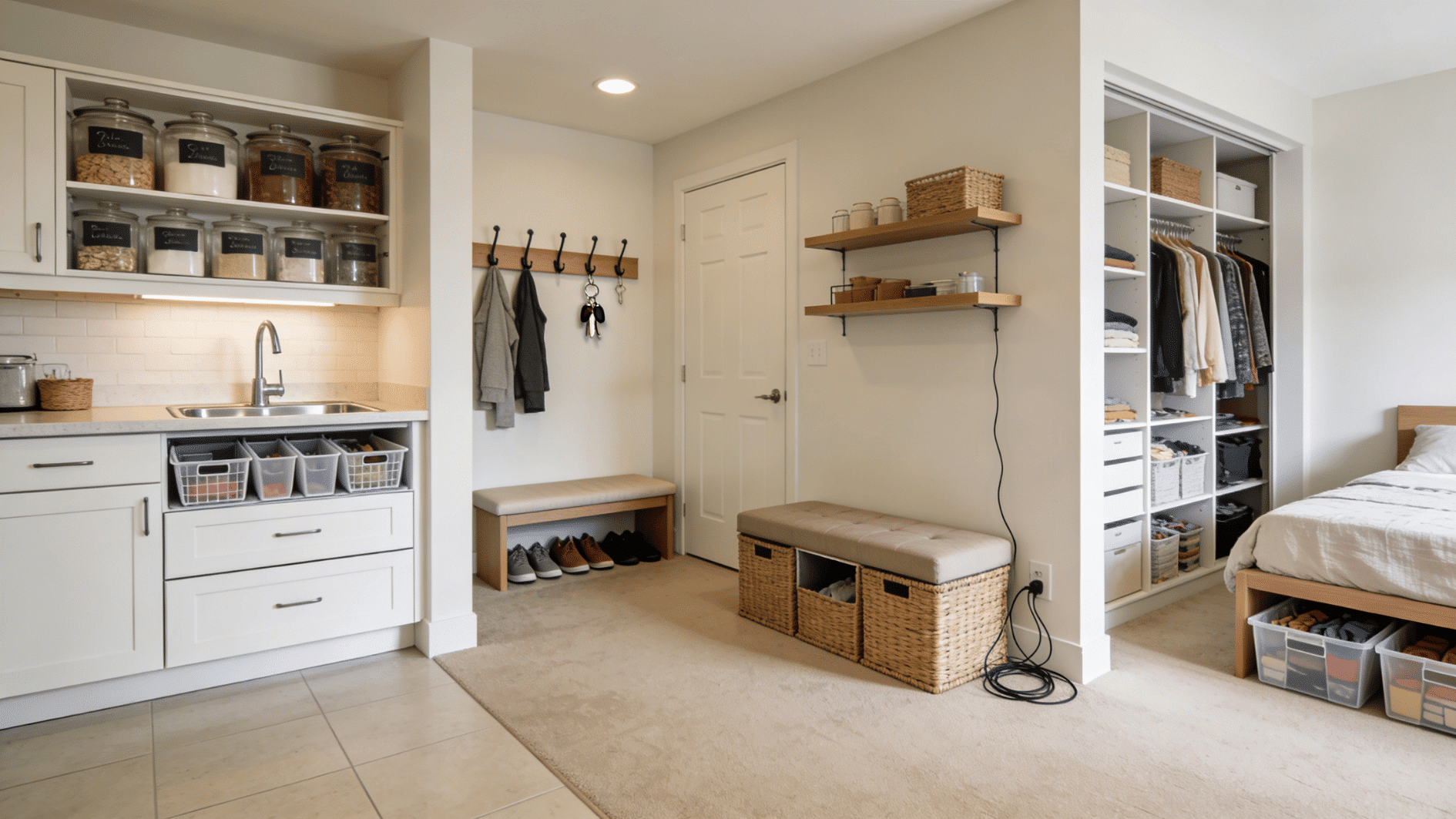 organized multifunctional room with pantry storage entryway bench floating shelves open closet and under bed bins