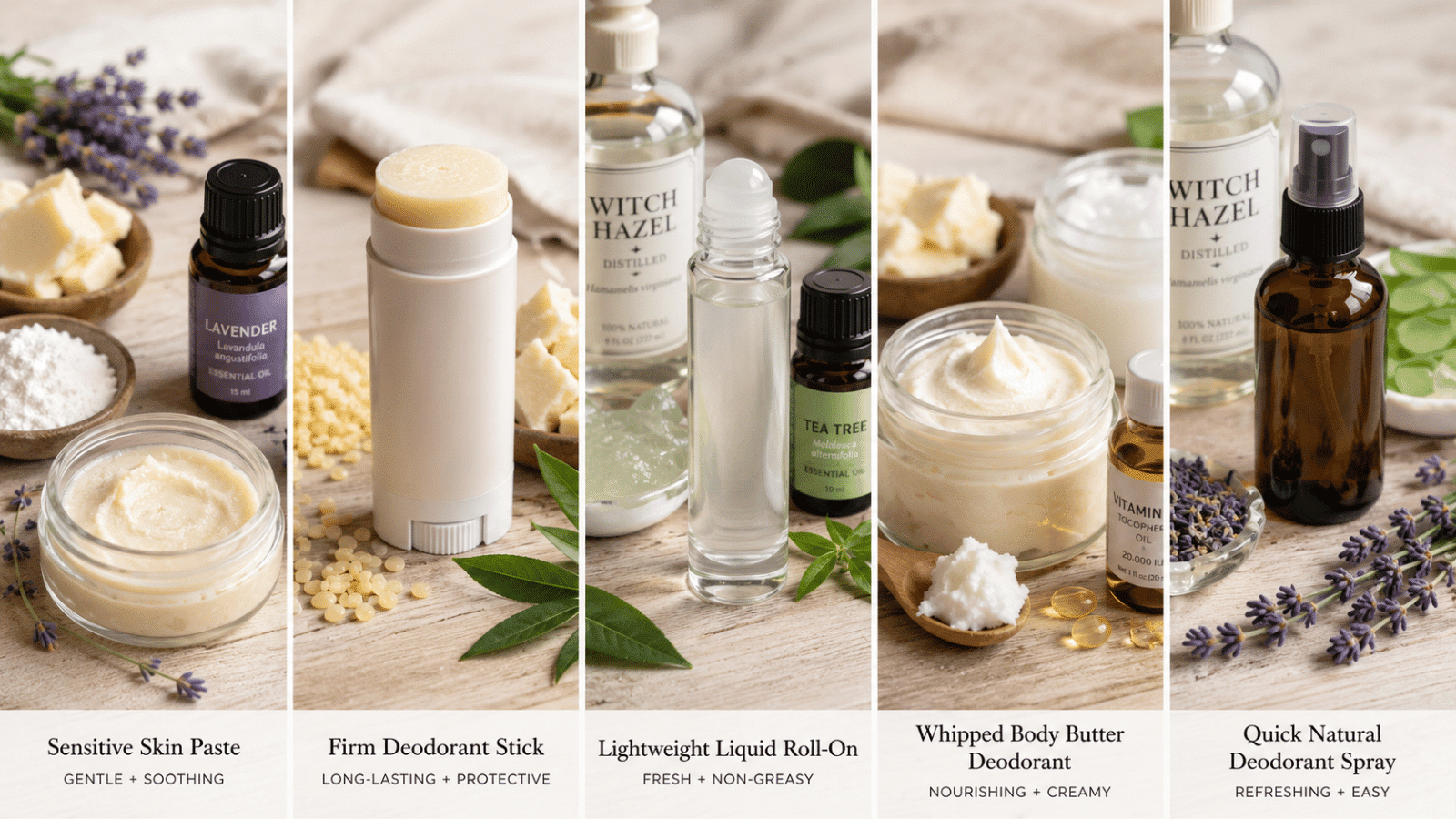 Five homemade natural deodorants: paste, stick, roll-on, whipped butter, and spray with ingredients.