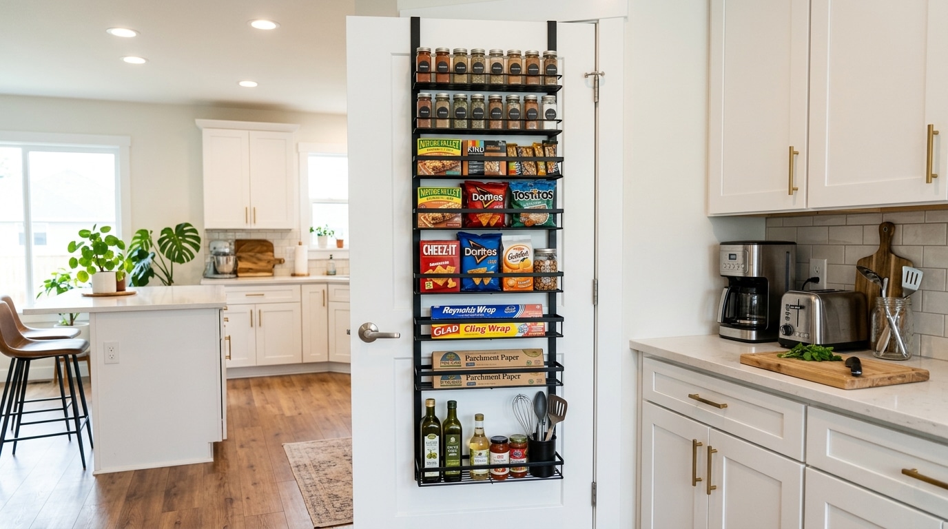 Over-the-door pantry organizer storing spices, snacks, and kitchen supplies.