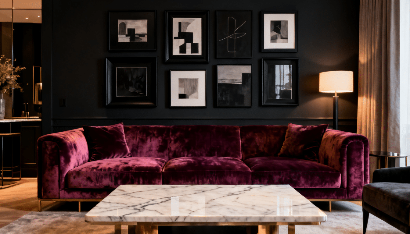 Painted gallery wall with framed artwork on a bold color-blocked backdrop