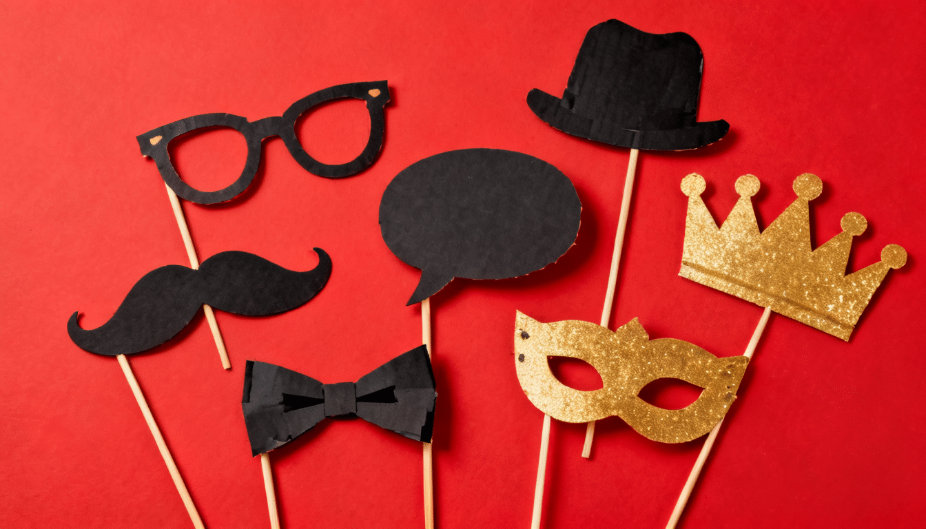 A colorful flat lay of DIY painted cardboard party props on sticks including glasses and hats