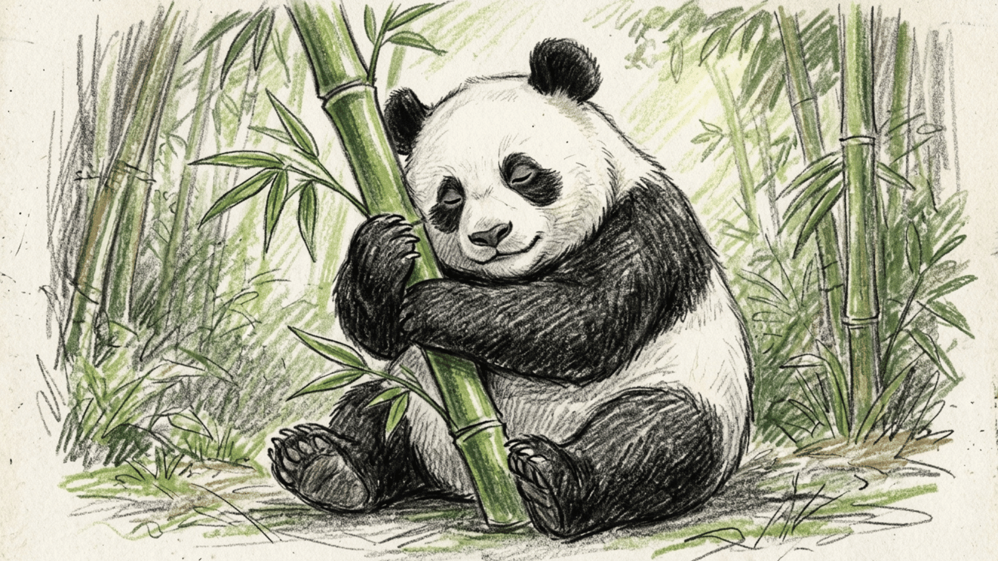 drawing of a cartoon panda hugging bamboo made with crayons