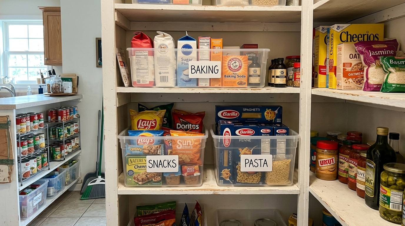 Labeled pantry bins creating storage zones for snacks and pantry items.