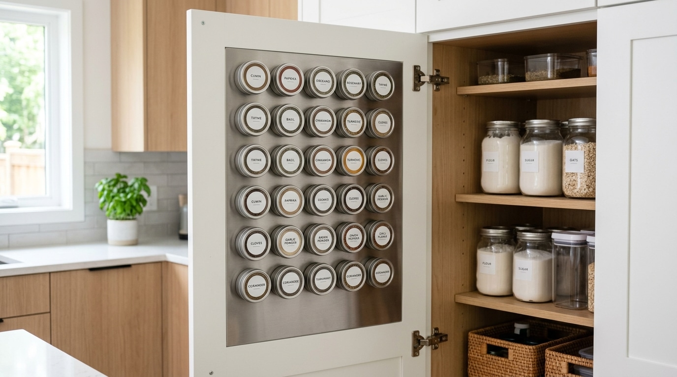 Magnetic spice tins mounted on pantry door for space-saving storage.