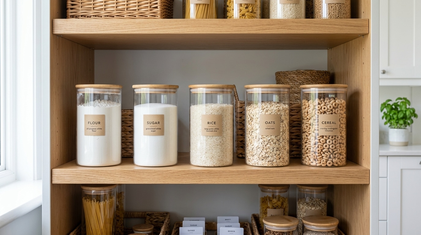 Clear pantry containers storing flour, rice, sugar, and cereal on organized shelves.