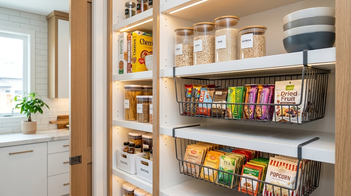 Under-shelf baskets creating extra pantry storage for small items.