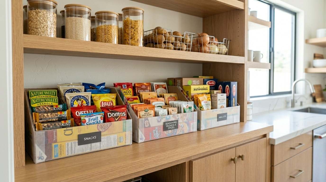 Repurposed boxes used as pantry dividers for snacks and packets.