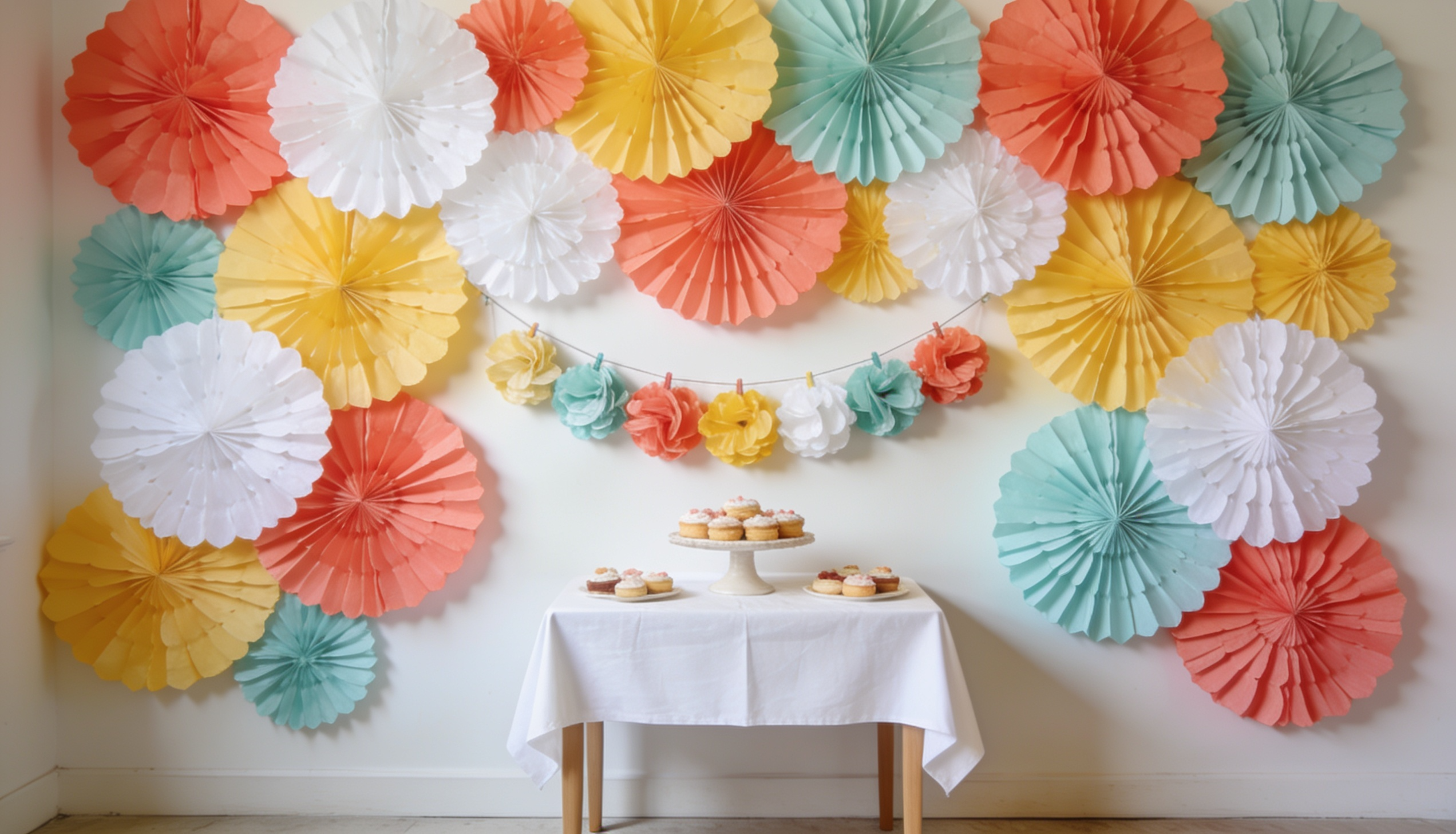 Colorful paper fan wall behind a dessert table for a playful birthday party.