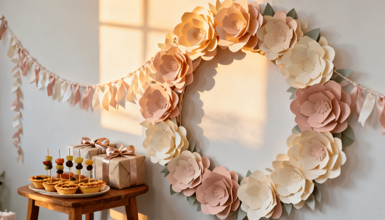 Handmade paper flower backdrop in soft colors for a baby shower dessert table.