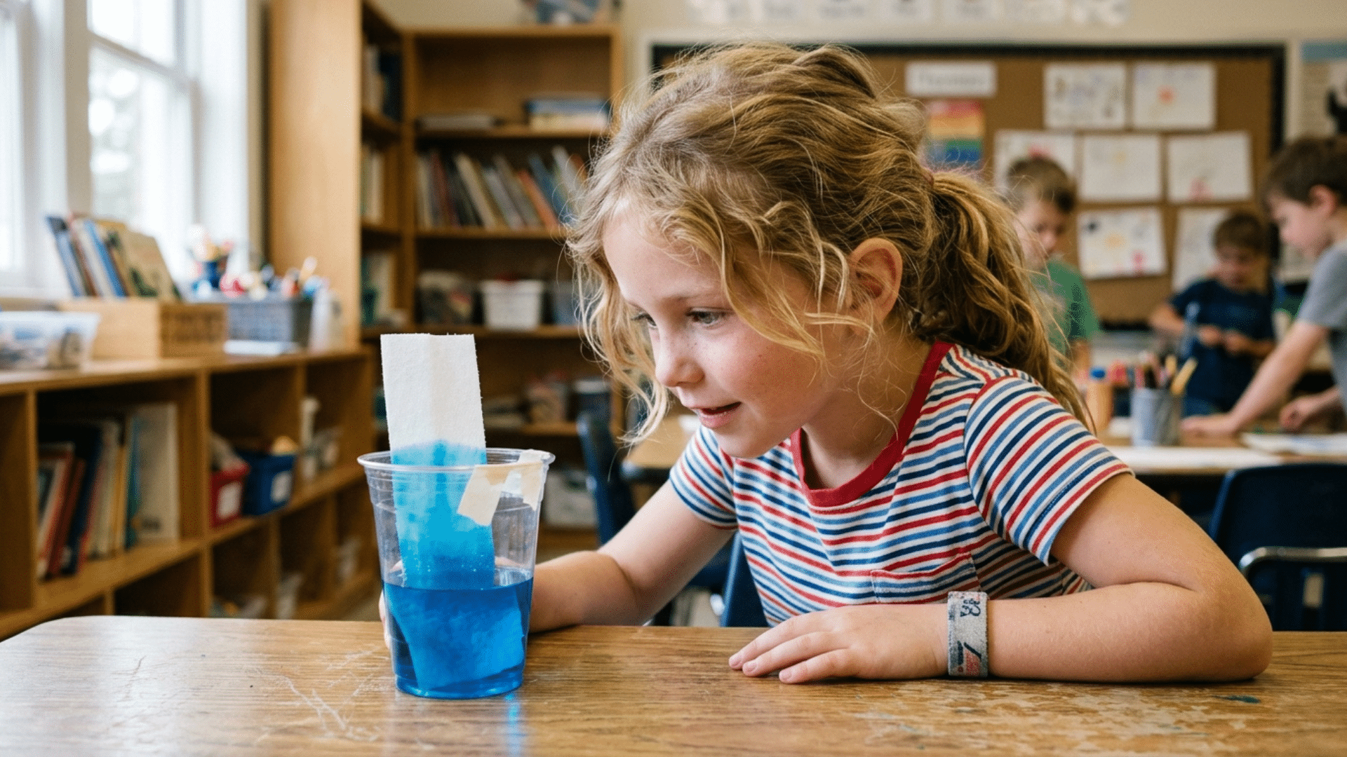 american girl child watching colored water climb up a paper towel strip in a cup