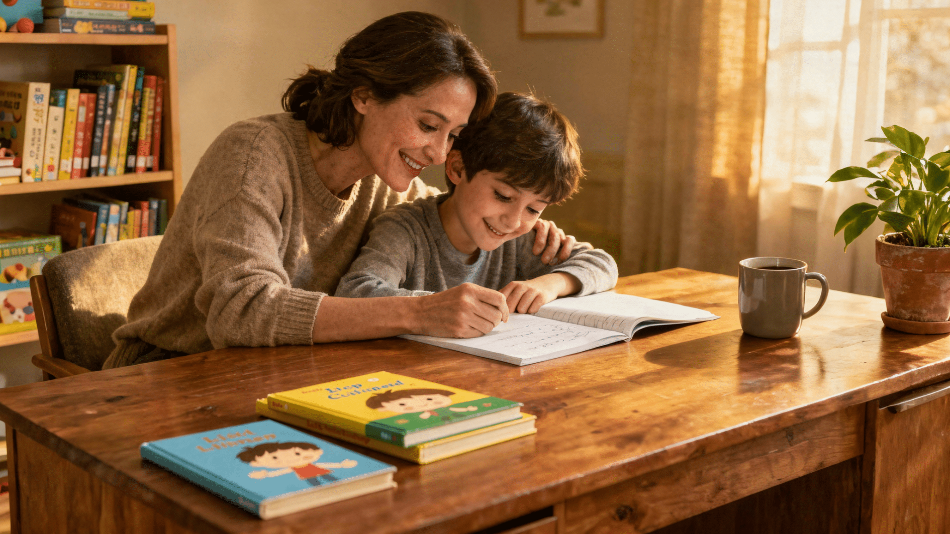 parent and child smiling while writing in a workbook together at a wooden table in a warm home setting