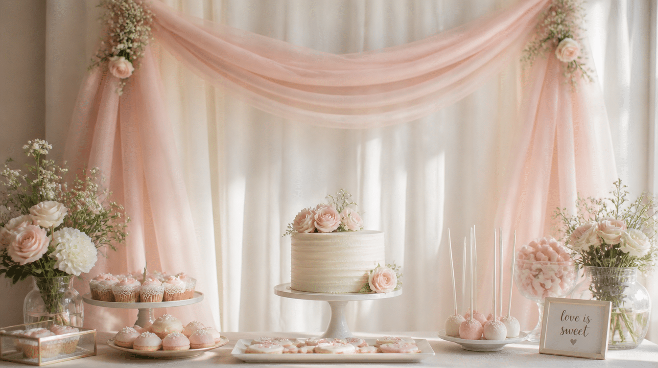 Soft fabric draping backdrop behind a pastel dessert table for a home party.