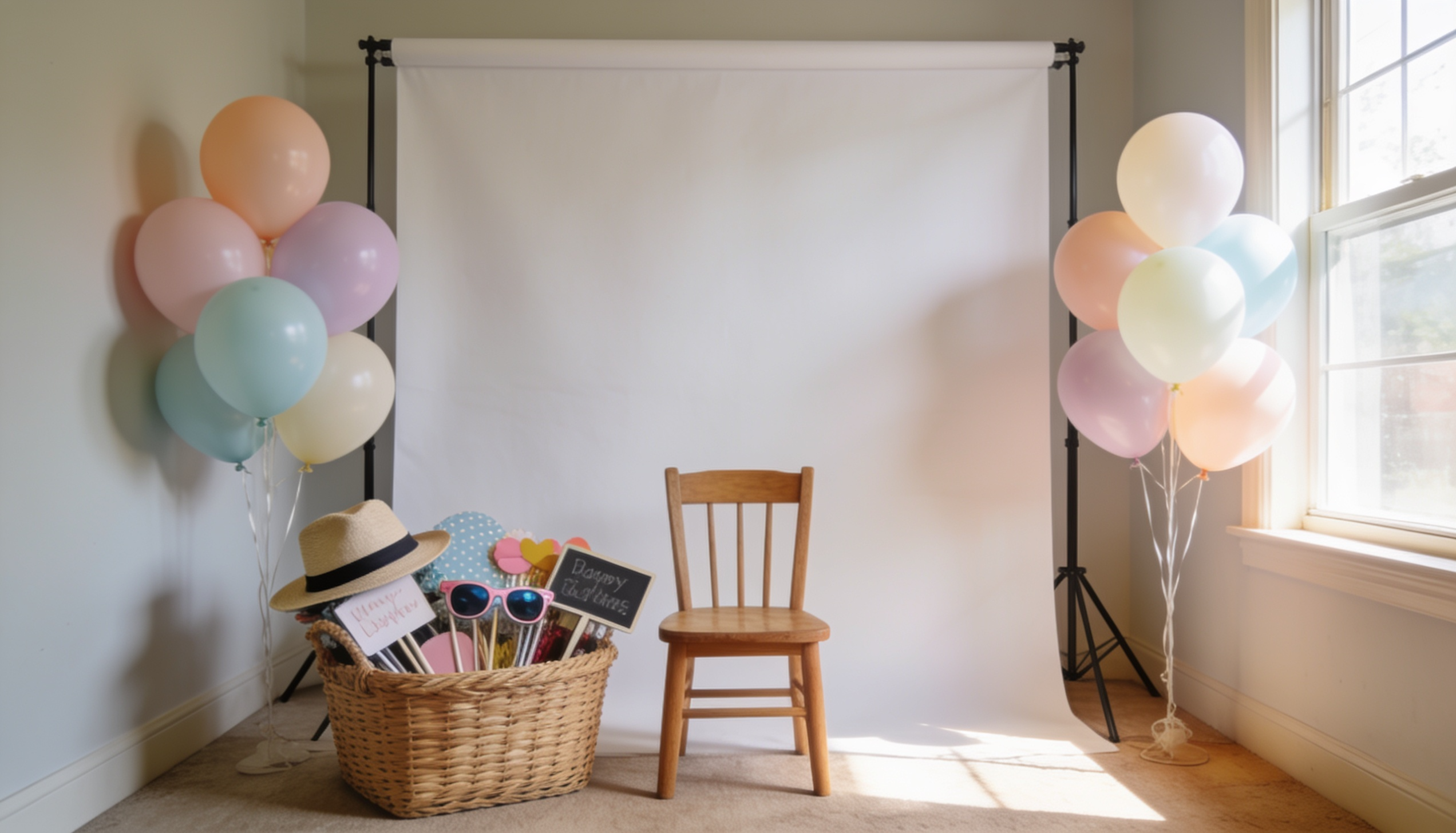 Party photo booth corner with props, balloons, and a simple backdrop.