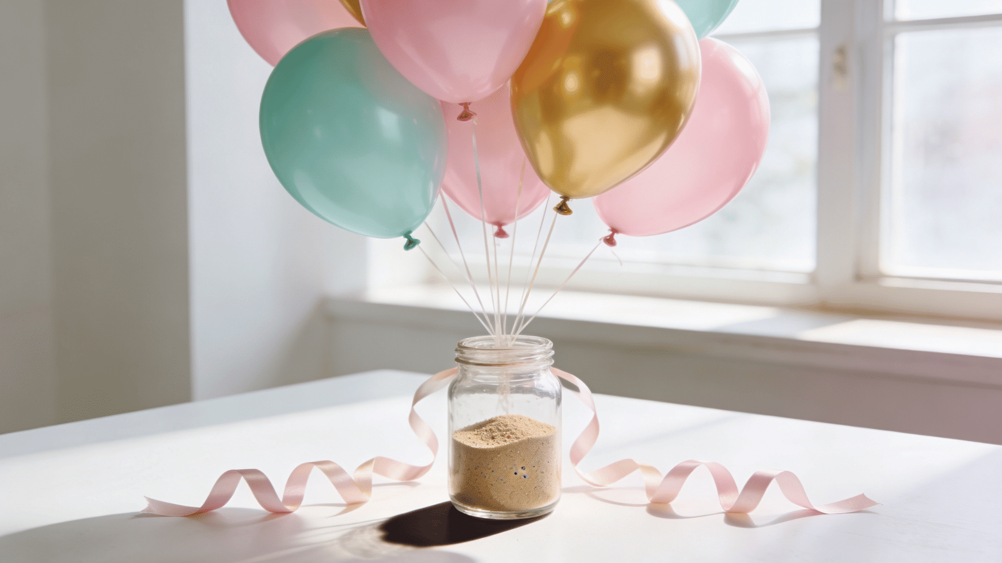 pastel birthday balloon bouquet in pink mint and gold floating above a glass jar with curled ribbon tails