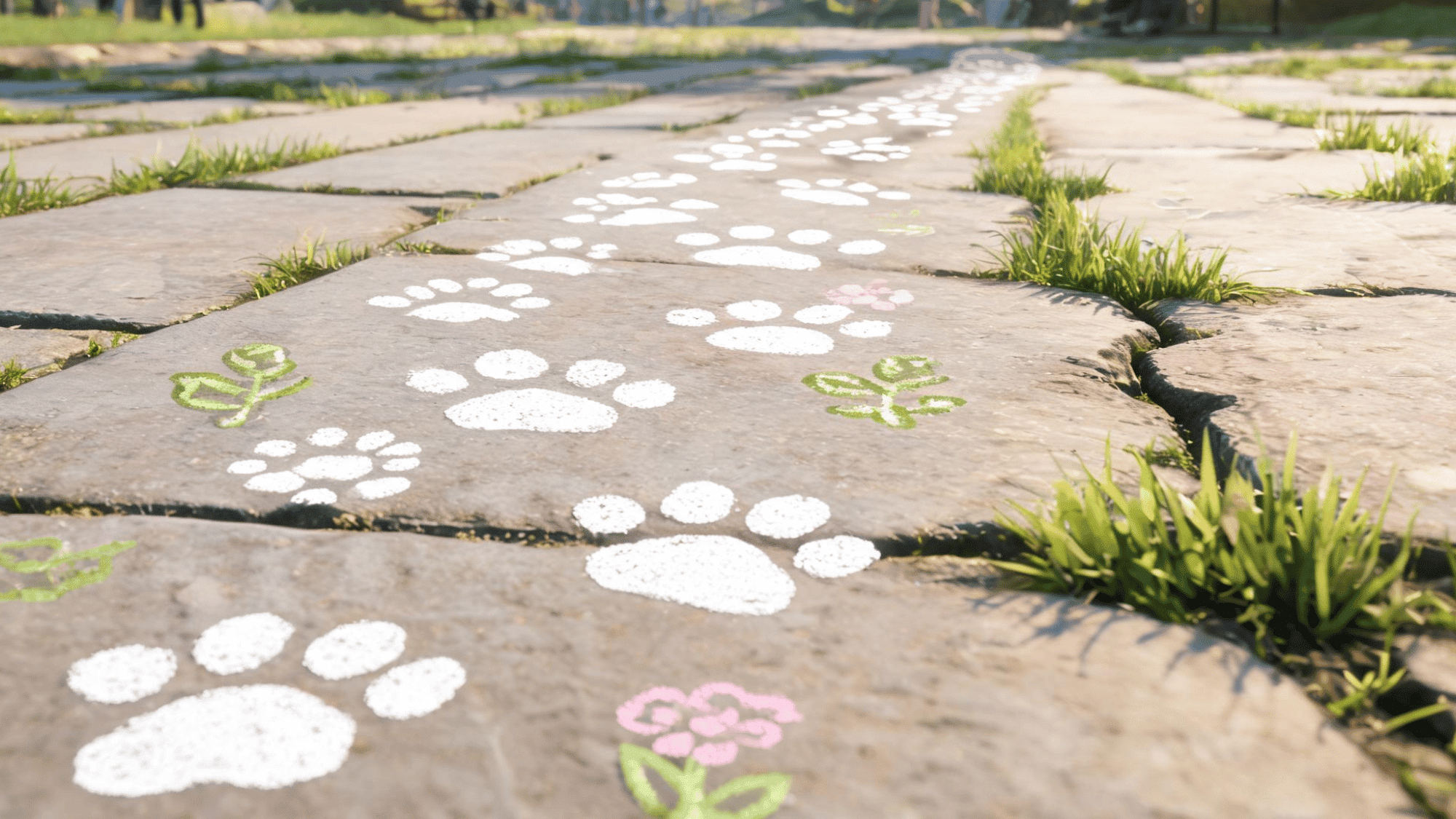 cute chalk art trail of animal paw prints across a sidewalk