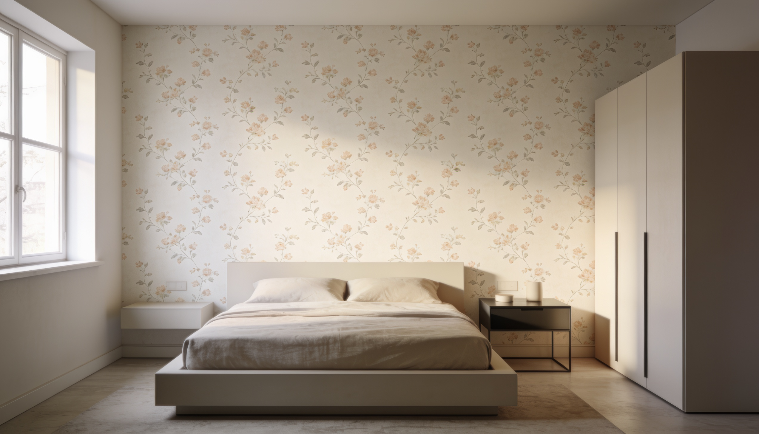 A stylish bedroom featuring a soft peel-and-stick patterned wallpaper accent wall