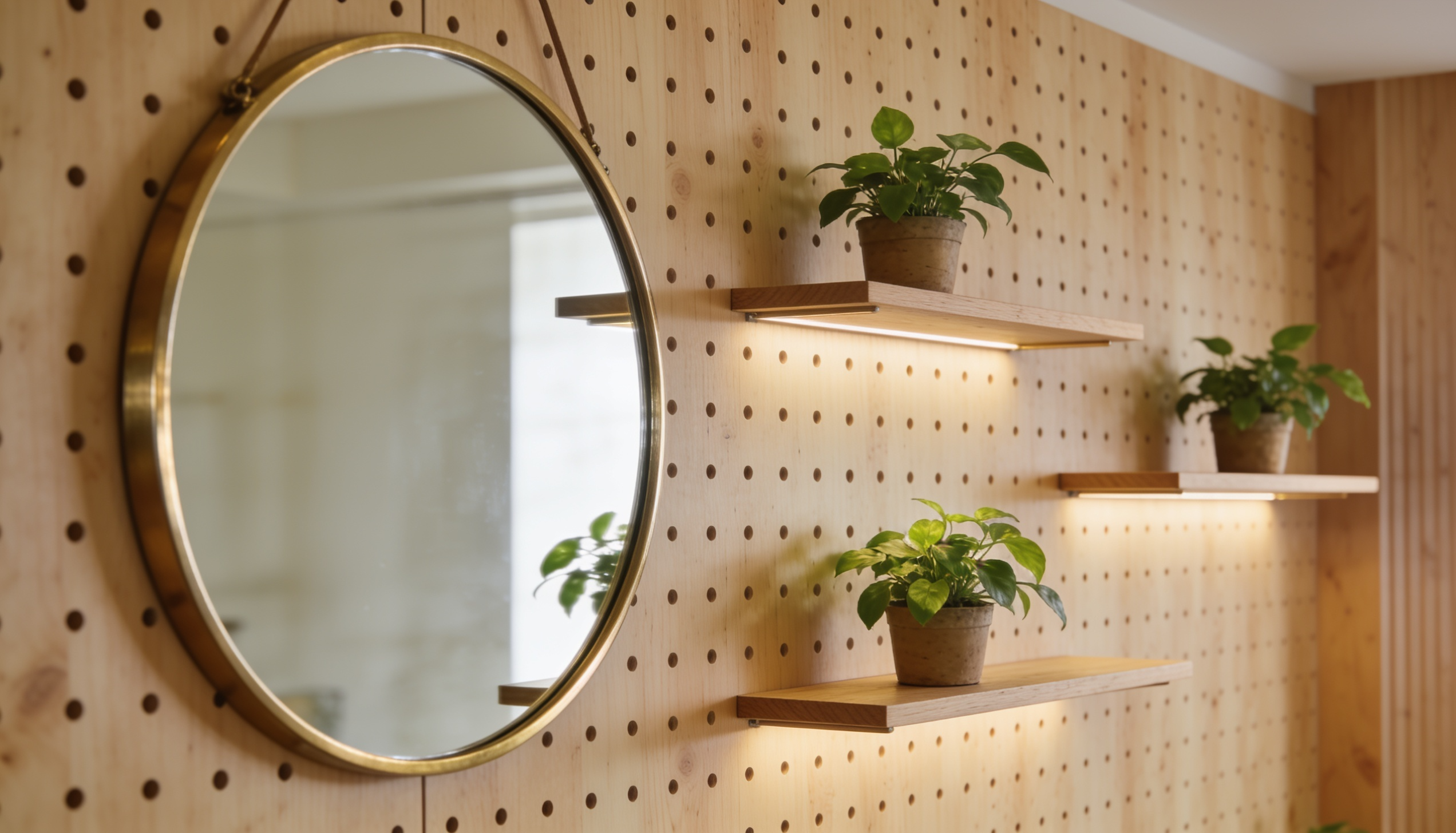 A functional pegboard accent wall in a modern home studio
