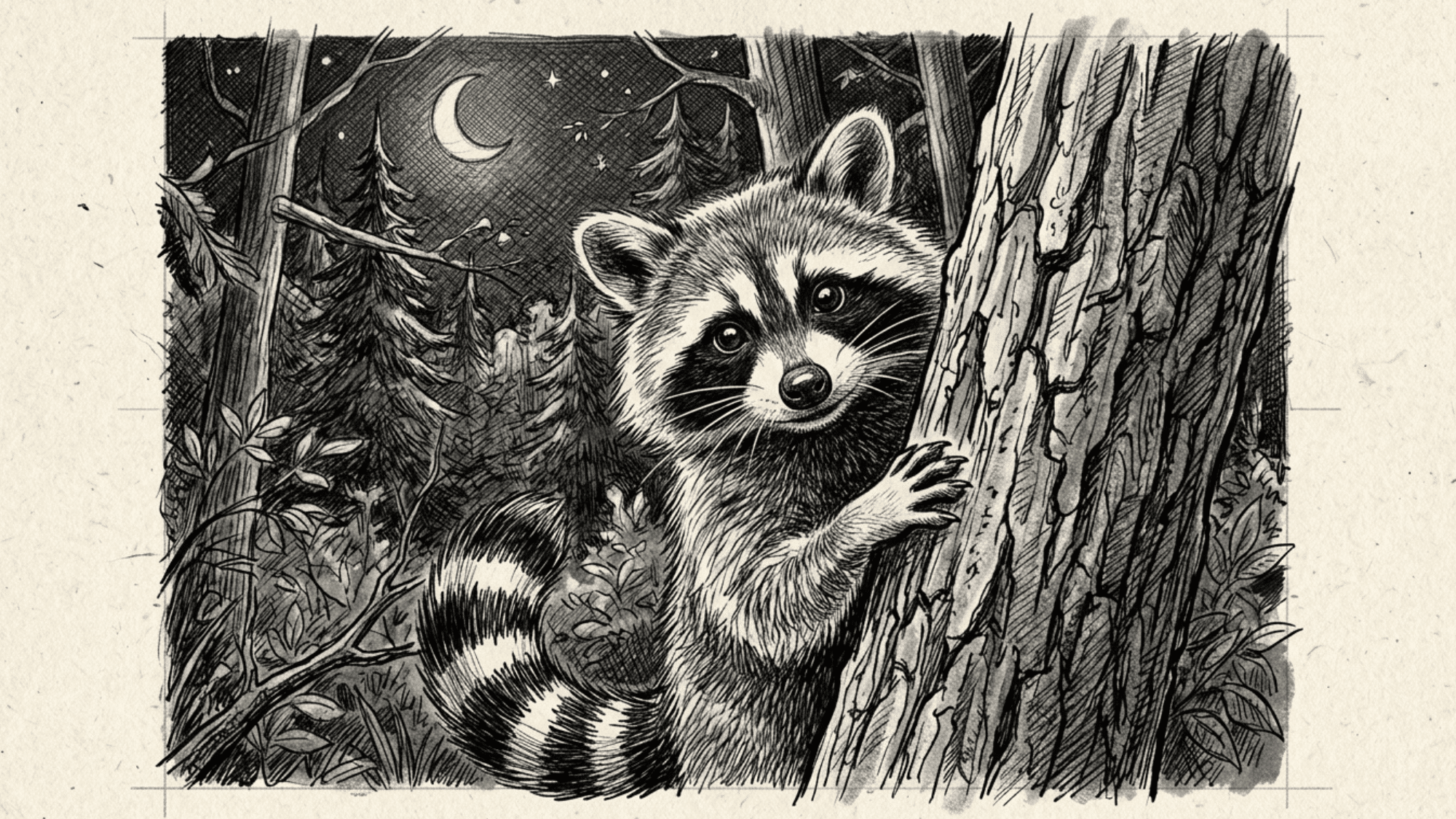 cute raccoon drawing peeking from behind a tree with mask markings and striped tail