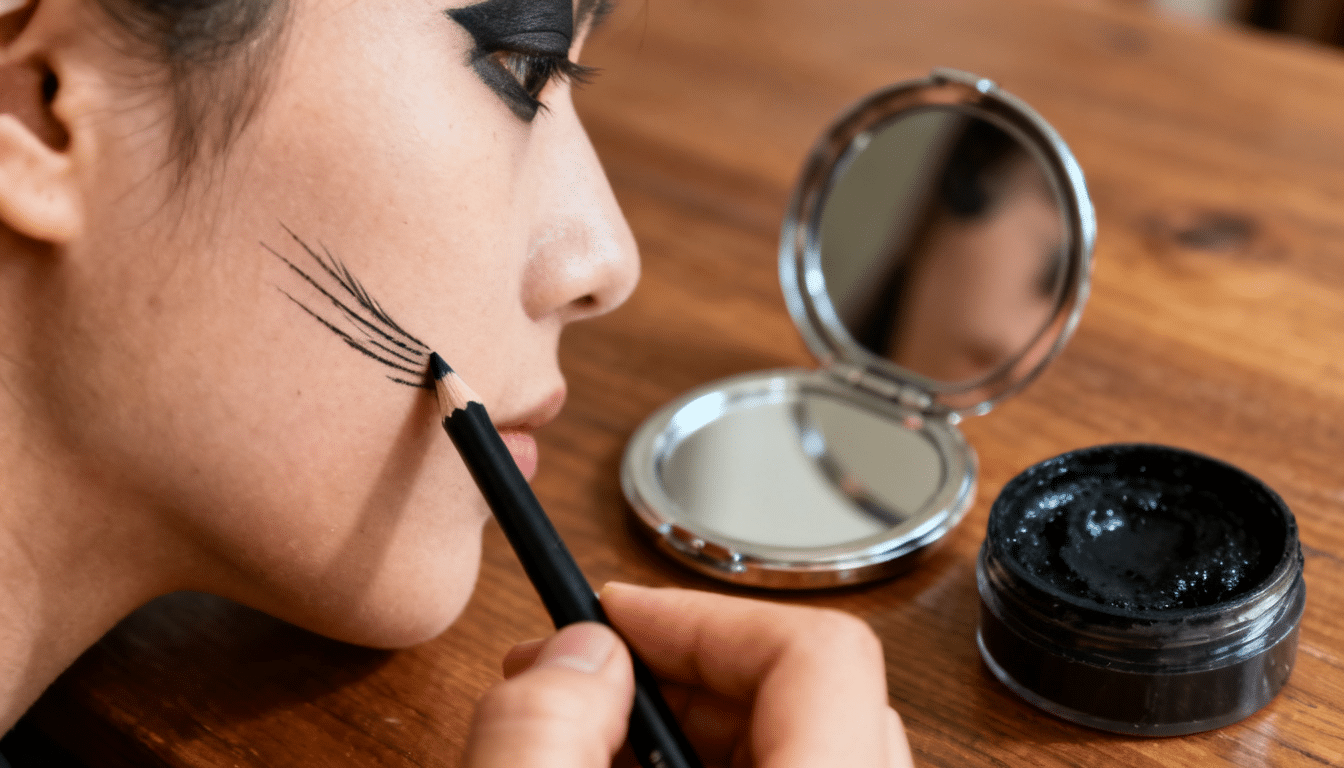 person drawing cat whiskers on their cheek with black makeup pencil while creating a diy cat costume makeup look for halloween