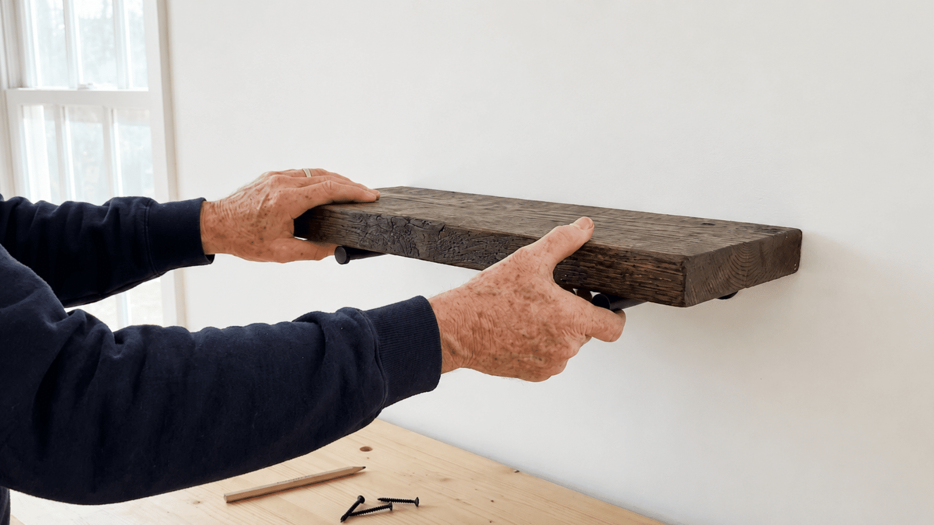 Person installing a dark wooden floating shelf on a white wall using hidden brackets.