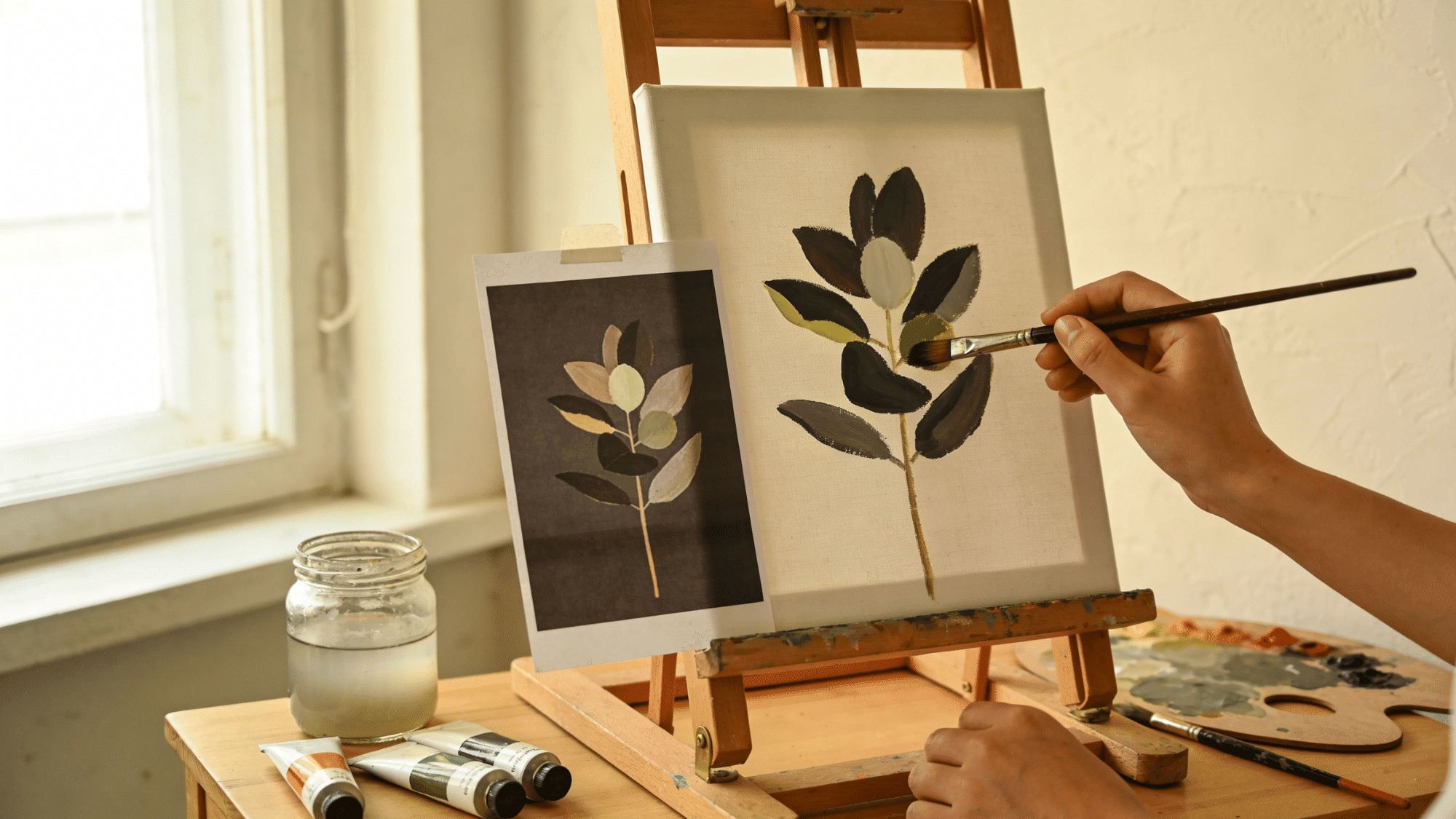 person painting botanical canvas art on easel with printed reference image