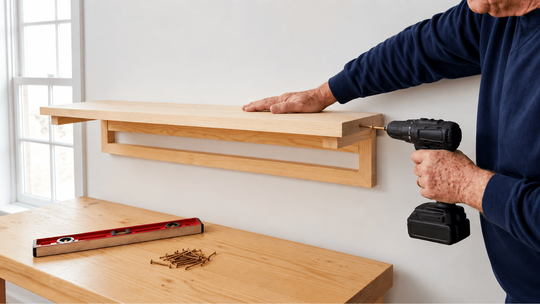 Person securing the far end of a floating wooden shelf with a cordless drill while holding the shelf in place.